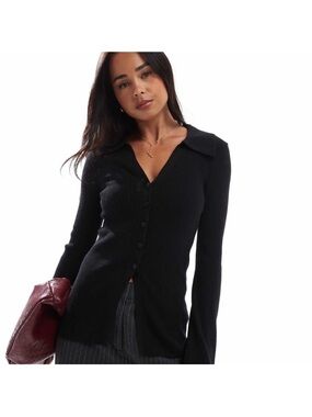 ASOS Black Ribbed Button-Front Sweater with Collar